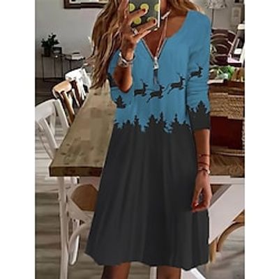 Women's Casual Dress Shift Dress Blue Beige Long Sleeve Zipper Winter Fall Autumn V Neck Winter Dress Weekend Fall Dress 2022 S M L XL 2XL 3XL 4XL 5XL 6XL Lightinthebox
