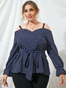 Plus Size Cold Shoulder Polka Dot Backless Design Tie-up Design Long Sleeves Blouse