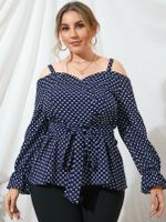 Plus Size Cold Shoulder Polka Dot Backless Design Tie-up Design Long Sleeves Blouse - thumbnail