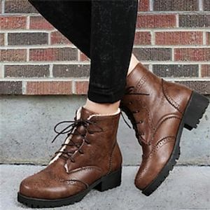 Women's Boots Combat Boots Brogue Plus Size Office New Year Daily Cut-out Booties Ankle Boots Lace-up Flat Heel Round Toe Elegant Plush Casual Faux Leather Black Brown miniinthebox