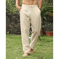 Men's Linen Pants Trousers Summer Pants Beach Pants Pocket Drawstring Elastic Waist Plain Comfort Breathable Daily Holiday Vacation Hawaiian Boho Dark Khaki ArmyGreen Lightinthebox