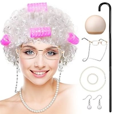 Old Lady Wig Costume Granny Cosplay Wig with Hair Rollers Granny Cane Grandma Dress Up Glasses Chain Cords Faux Pearl Bead Necklace for Halloween Costume Dress Up Party miniinthebox
