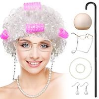 Old Lady Wig Costume Granny Cosplay Wig with Hair Rollers Granny Cane Grandma Dress Up Glasses Chain Cords Faux Pearl Bead Necklace for Halloween Costume Dress Up Party miniinthebox - thumbnail
