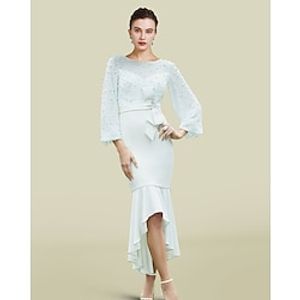 Mermaid  Trumpet Mother of the Bride Dress Luxurious Elegant Jewel Neck Asymmetrical Ankle Length Chiffon 34 Length Sleeve with Bow(s) Pearls 2022 Lightinthebox