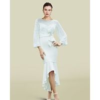 Mermaid  Trumpet Mother of the Bride Dress Luxurious Elegant Jewel Neck Asymmetrical Ankle Length Chiffon 34 Length Sleeve with Bow(s) Pearls 2022 Lightinthebox - thumbnail