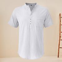 Men's Shirt Linen Shirt Cotton Linen Shirt Casual Shirt White Khaki Apricot Short Sleeve Plain Band Collar Summer Street Hawaiian Clothing Apparel Button-Down Lightinthebox