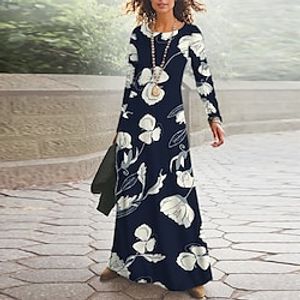 Women's Casual Dress Swing Dress Long Dress Maxi Dress Navy Blue Long Sleeve Floral Pocket Winter Fall Autumn V Neck Winter Dress Fall Dress 2022 S M L XL XXL 3XL Lightinthebox