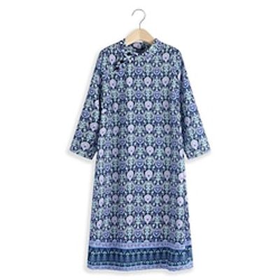 Women's Casual Dress Summer Dress Floral Button Print Stand Collar Midi Dress Vintage Ethnic Street Holiday Half Sleeve Loose Fit Navy Blue Summer Spring S M L XL 2XL Lightinthebox