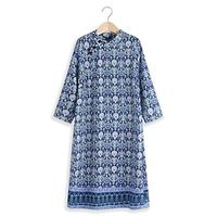 Women's Casual Dress Summer Dress Floral Button Print Stand Collar Midi Dress Vintage Ethnic Street Holiday Half Sleeve Loose Fit Navy Blue Summer Spring S M L XL 2XL Lightinthebox