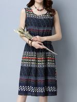 Women Ethnic Printed Elastic Waist Sleeveless Vintage Dresses