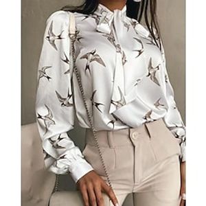 Women's Blouse Shirt White Animal Bird Lace up Print Long Sleeve Office Business Streetwear Casual V Neck Regular S Lightinthebox