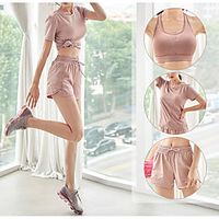 Women's 3pcs Tracksuit Activewear Set Yoga Suit Summer Side Pockets Drawstring Open Back Stripes Pink Green Spandex Yoga Fitness Gym Workout Shorts Sports Bra Sweatshirt Short Sleeve Sport Activewear Lightinthebox - thumbnail