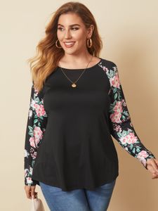 YOINS Plus Size Crew Neck Patchwork Floral Print Long Sleeves Tee
