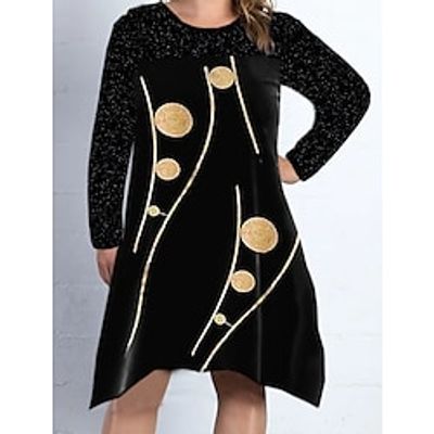 Women's Plus Size A Line Dress Print Round Neck Long Sleeve Spring Summer Casual Knee Length Dress Date Vacation Dress Lightinthebox