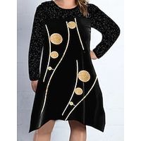 Women's Plus Size A Line Dress Print Round Neck Long Sleeve Spring Summer Casual Knee Length Dress Date Vacation Dress Lightinthebox - thumbnail