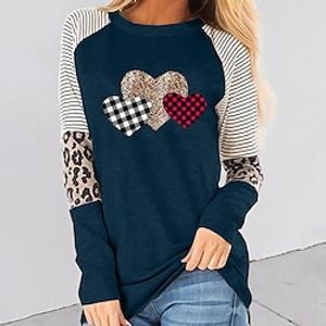 Women's T shirt Tee Cotton Leopard Plaid Heart Black Navy Blue Khaki Print Long Sleeve Valentine's Day Casual Going out Fashion Round Neck Regular Fit Spring   Fall Lightinthebox