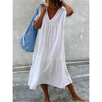 Women's Linen Dress Cotton Summer Dress White Cotton Dress Midi Dress Ruched Daily Vacation V Neck Short Sleeve Summer Spring Black White Plain Lightinthebox