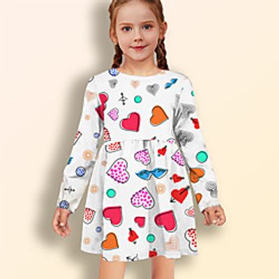 Kids Little Girls' Dress Heart A Line Dress Daily Holiday Vacation Print White Above Knee Long Sleeve Casual Cute Sweet Dresses Spring Summer Regular Fit 2-8 Years Lightinthebox