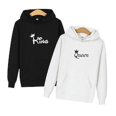 Couple's Hoodie Sweatshirt Pullover Letter Valentine's Day Active Sportswear Print Drawstring Front Pocket Black White Dark Gray Casual Sports Hooded Long Sleeve Top Micro-elastic Spring   Fall Lightinthebox