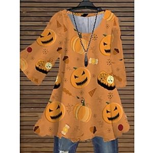 Women's Plus Size Tops Blouse Shirt Letter Pumpkin Print 3/4 Length Sleeve Crewneck Casual Halloween Halloween Daily Cotton Spandex Jersey Fall Winter Yellow khaki miniinthebox