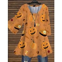 Women's Plus Size Tops Blouse Shirt Letter Pumpkin Print 3/4 Length Sleeve Crewneck Casual Halloween Halloween Daily Cotton Spandex Jersey Fall Winter Yellow khaki miniinthebox - thumbnail