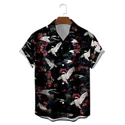 Men's Shirt 3D Print Graphic Prints Bird Button-Down Short Sleeve Street Tops Casual Fashion Classic Breathable Black miniinthebox
