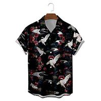 Men's Shirt 3D Print Graphic Prints Bird Button-Down Short Sleeve Street Tops Casual Fashion Classic Breathable Black miniinthebox - thumbnail