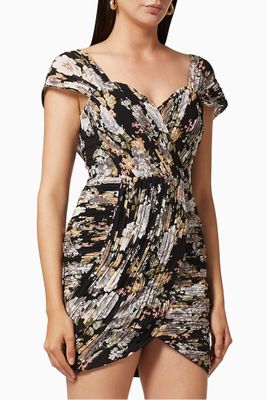 Pleated Bardot Rose Mini Dress Pleated Bardot Rose Mini Dress