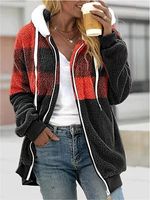 Women's Plaid Color Block Plush Hooded Sweatshirt Jacket - thumbnail