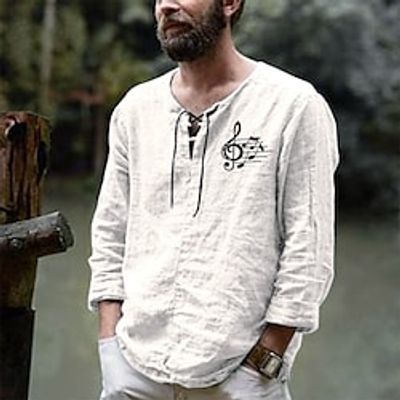 Men's Shirt  Graphic Patterned Solid Color Notes V Neck Casual Daily Drawstring Long Sleeve Tops Casual Exaggerated White Black Blue Lightinthebox