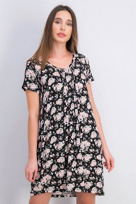 Womens Allover Printed Sleepwear Dress Black Combo Womens Allover Printed Sleepwear Dress Black Combo