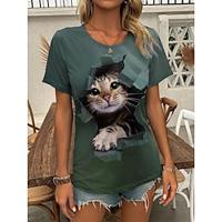 Women's T shirt Tee Animal Daily Weekend Print Green Short Sleeve Fashion Round Neck 3D cat Summer Lightinthebox