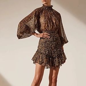 A-Line Homecoming Dresses Elegant Dress Holiday Short  Mini Long Sleeve High Neck Chiffon with Pleats 2023 Lightinthebox