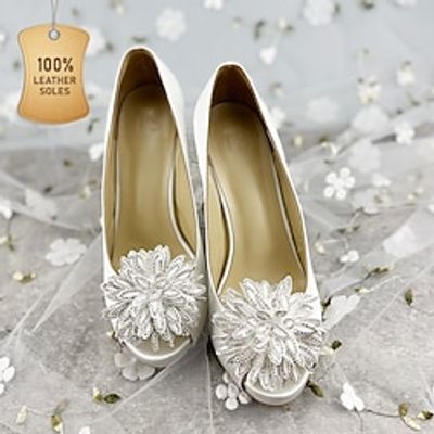 Women's Heels Wedding Shoes Lolita Wedding Party Wedding Heels Bridal Shoes Bridesmaid Shoes Satin Flower Platform Stiletto Heel Peep Toe Elegant Satin Loafer White Lightinthebox