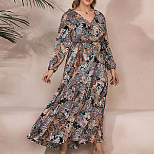 Women's Plus Size Dress Swing Dress Maxi long Dress Lantern Sleeve Long Sleeve Graphic Lace up Basic Fall Winter Brown XL XXL 3XL 4XL Lightinthebox