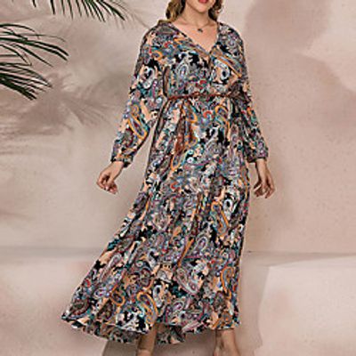 Women's Plus Size Dress Swing Dress Maxi long Dress Lantern Sleeve Long Sleeve Graphic Lace up Basic Fall Winter Brown XL XXL 3XL 4XL Lightinthebox
