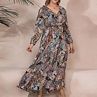 Women's Plus Size Dress Swing Dress Maxi long Dress Lantern Sleeve Long Sleeve Graphic Lace up Basic Fall Winter Brown XL XXL 3XL 4XL Lightinthebox - thumbnail