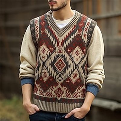 Tribal Bandana Print Retro Vintage Tribal Men's Knitting Print Sweater Vest Knitwear Outdoor Daily Vacation Sleeveless V Neck Sweaters Wine Orange Beige Fall Winter M L XL Sweaters Lightinthebox