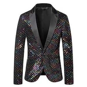 Men's Blazer Shining Outdoor Party Going out Office  Career Single Breasted One-button Lapel Stylish Warm Ups Comfort Jacket Outerwear Plaid Pocket Sequin Silvery Gold Rainbow Lightinthebox