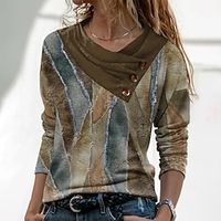 Women's Blouse Shirt Brown Color Block Button Print Long Sleeve Casual Weekend Basic V Neck Regular S miniinthebox - thumbnail