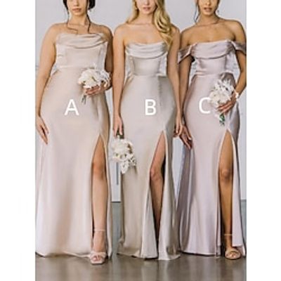 A-Line Bridesmaid Dress Spaghetti Strap  Strapless  Off Shoulder Sleeveless Elegant Floor Length Stretch Satin with Split Front  Ruching 2022 Lightinthebox