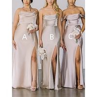 A-Line Bridesmaid Dress Spaghetti Strap  Strapless  Off Shoulder Sleeveless Elegant Floor Length Stretch Satin with Split Front  Ruching 2022 Lightinthebox - thumbnail