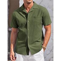 Men's Shirt Linen Shirt Summer Shirt Beach Shirt Cuban Collar Shirt Black Blue Green Short Sleeve Solid Color Lapel Summer Spring Casual Daily Clothing Apparel Lightinthebox