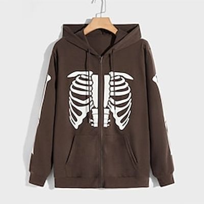 Men's Full Zip Hoodie Jacket Brown Hooded Graphic Print Skeleton Zipper Pocket Going out Streetwear Streetwear Cool Designer Winter Fall  Winter Clothing Apparel Hoodies Sweatshirts  Long Sleeve Lightinthebox