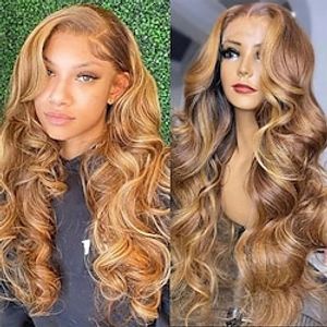 Ombre Highlight 13x4 Lace Front Human Hair Wig Body Wave Brown Blonde #TL412 Color Brazilian Remy Hair Lace Frontal Wig Pre Plucked with Baby Hair for Women 150% Density Lightinthebox