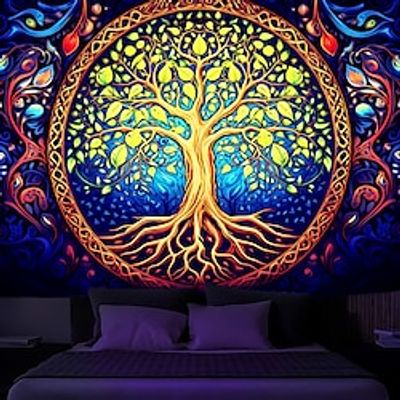 Blacklight Tapestry UV Reactive Glow in the Trippy Tree of Life Misty Nature Landscape Hanging Tapestry Wall Art Mural for Living Room Bedroom miniinthebox
