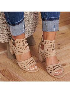 Hollow Out Plain Chunky High Heeled Peep Toe Date Travel Sandals