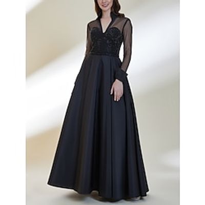 A-Line Mother of the Bride Dress Wedding Guest Elegant V Neck Floor Length Satin Long Sleeve with Sequin Ruching Solid Color 2023 Lightinthebox