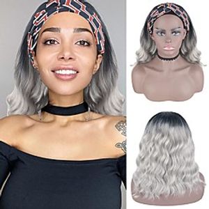 Aisaide Short Gray Wavy Bob Ombre Headband Wigs for Black WomenGrey Wavy Curly Headband Wig Synthetic Body Wave Wig with Headband Attached Natural Looking Wigs for Women Turban Wigno colored headband Lightinthebox