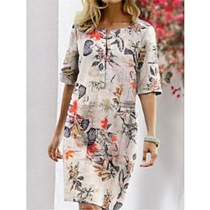 Women's Casual Dress Shift Dress Leaf Tropical Button Print Crew Neck Mini Dress Streetwear Street Holiday Short Sleeve Regular Fit Navy Blue Blue Fuchsia Summer S M L XL 2XL Lightinthebox